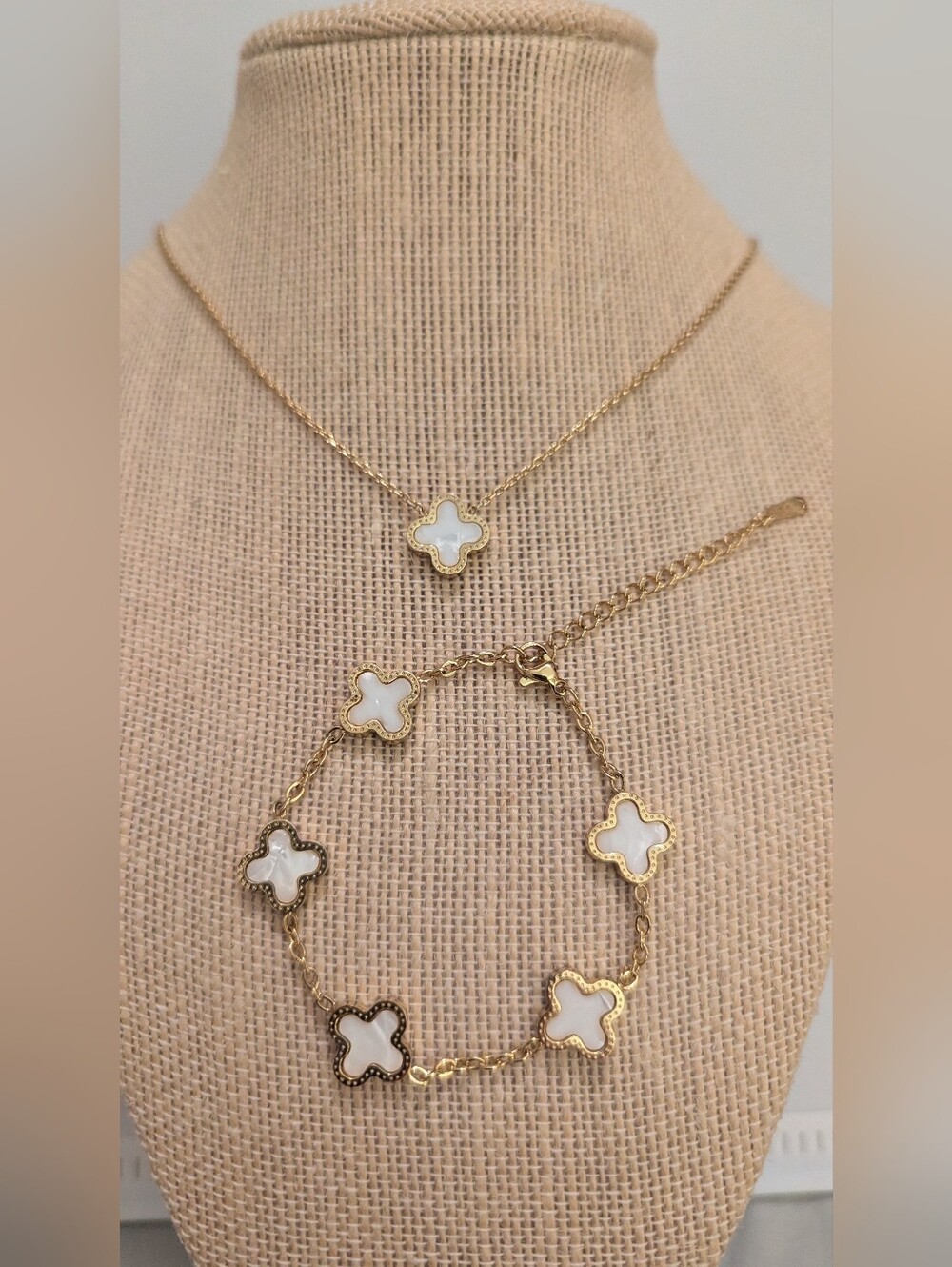 Gold Stainless Steel Clover Necklace & Bracelet Set – White Inlay – Adjustable